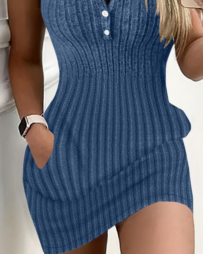 Buttoned Pocket Design Ribbed Bodycon Dress