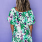 Green Floral Print Shirred Square Neck Loose Fit Mini Dress