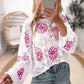 White Contrast Flower Print Eyelet Drop Shoulder Sweater