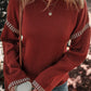 Red Dahlia Color Contrast Trim Drop Shoulder Crew Neck Sweater