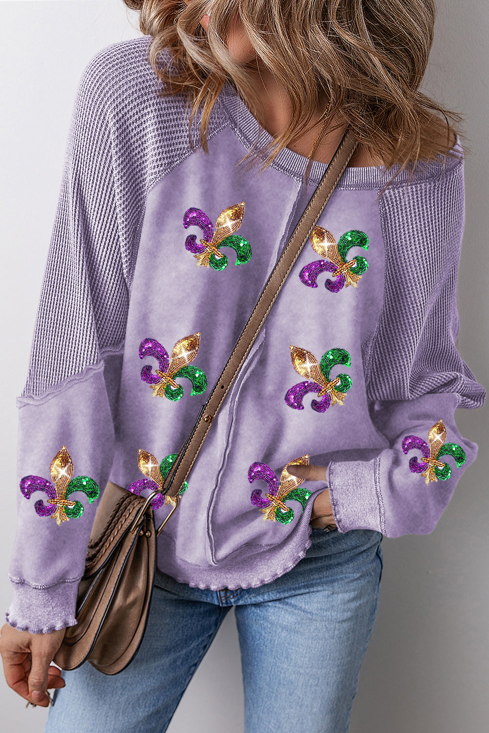 Orchid Petal Mardi Gras Patched Pattern Waffle Patchwork Sweatshirt