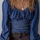 Dark Blue Smocked Ruffled Puff Sleeve V Neck Denim Blouse