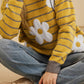 Yellow Stripe Daisy Floral Knitted Round Neck Sweater