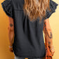 Black Button Front Ruffled Flutter Frayed Denim Top