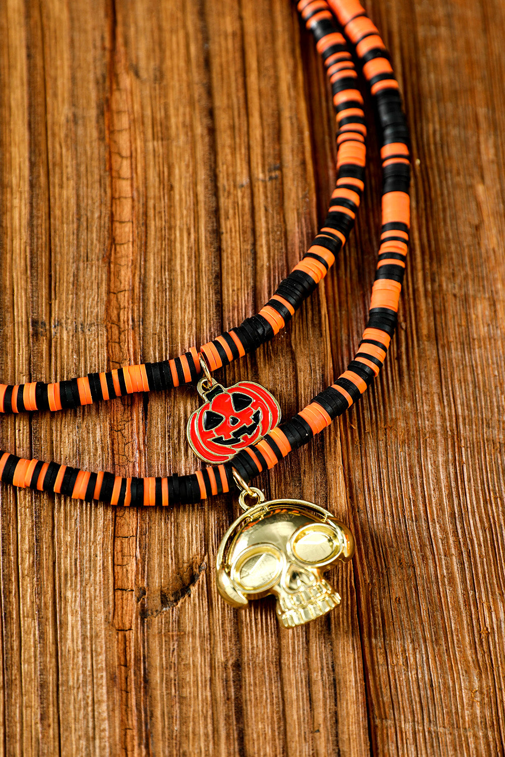 Russet Orange Skull Pumpkin Face Pendant Layered Beaded Halloween Necklace