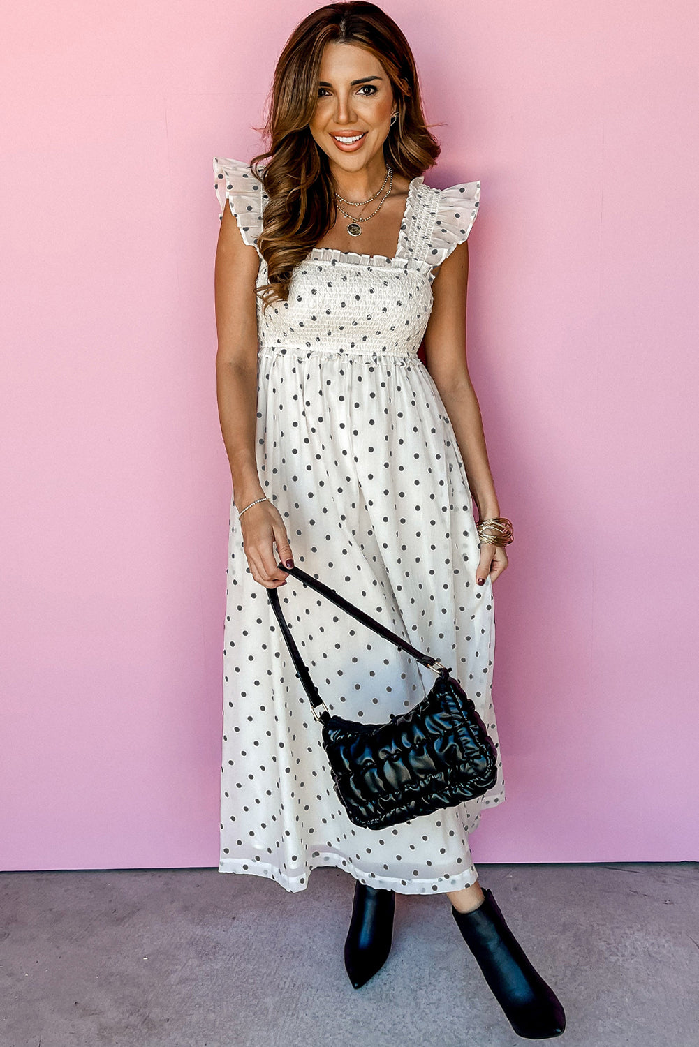 White Polka Dot Flutter Sleeve Square Neck Smocked Maxi Dress