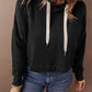 Black Solid Drop Shoulder Drawstring Cropped Hoodie