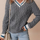 Medium Grey Color Contrast Ribbed Edge Cable Knit V Neck Sweater