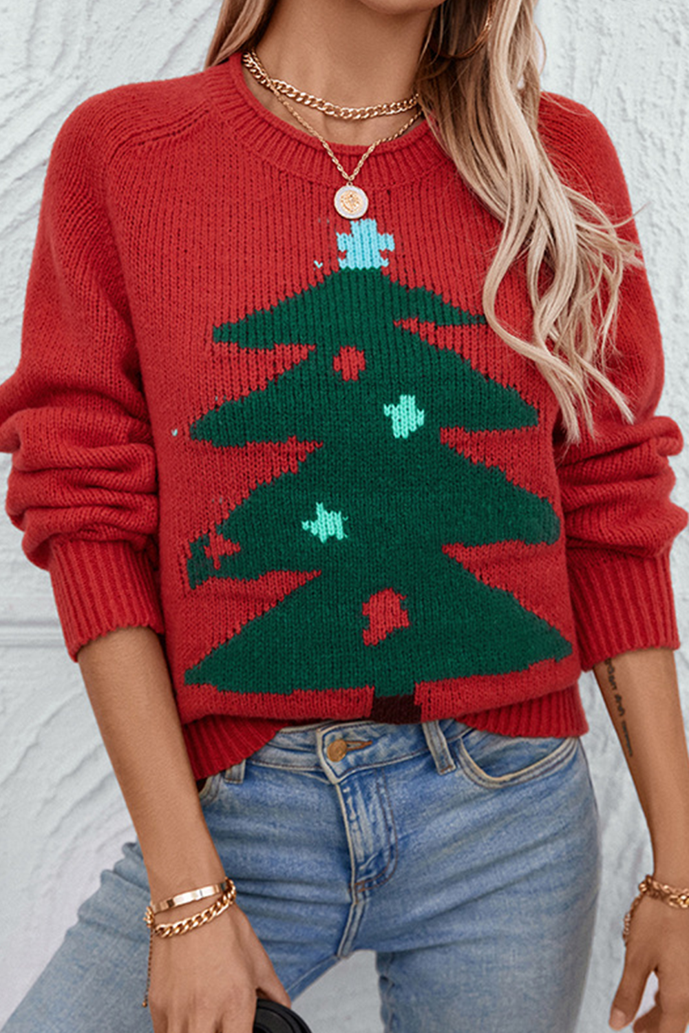 Racing Red Christmas Tree Graphic Crew Neck Sweater