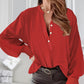 Round Neck Long Sleeve Shirred Front Button Blouse Casual Shirts