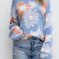 Beau Blue Floral O Neck Drop Shoulder Knitted Sweater