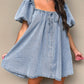 Myosotis Bubble Sleeve Square Neck Denim Babydoll Dress