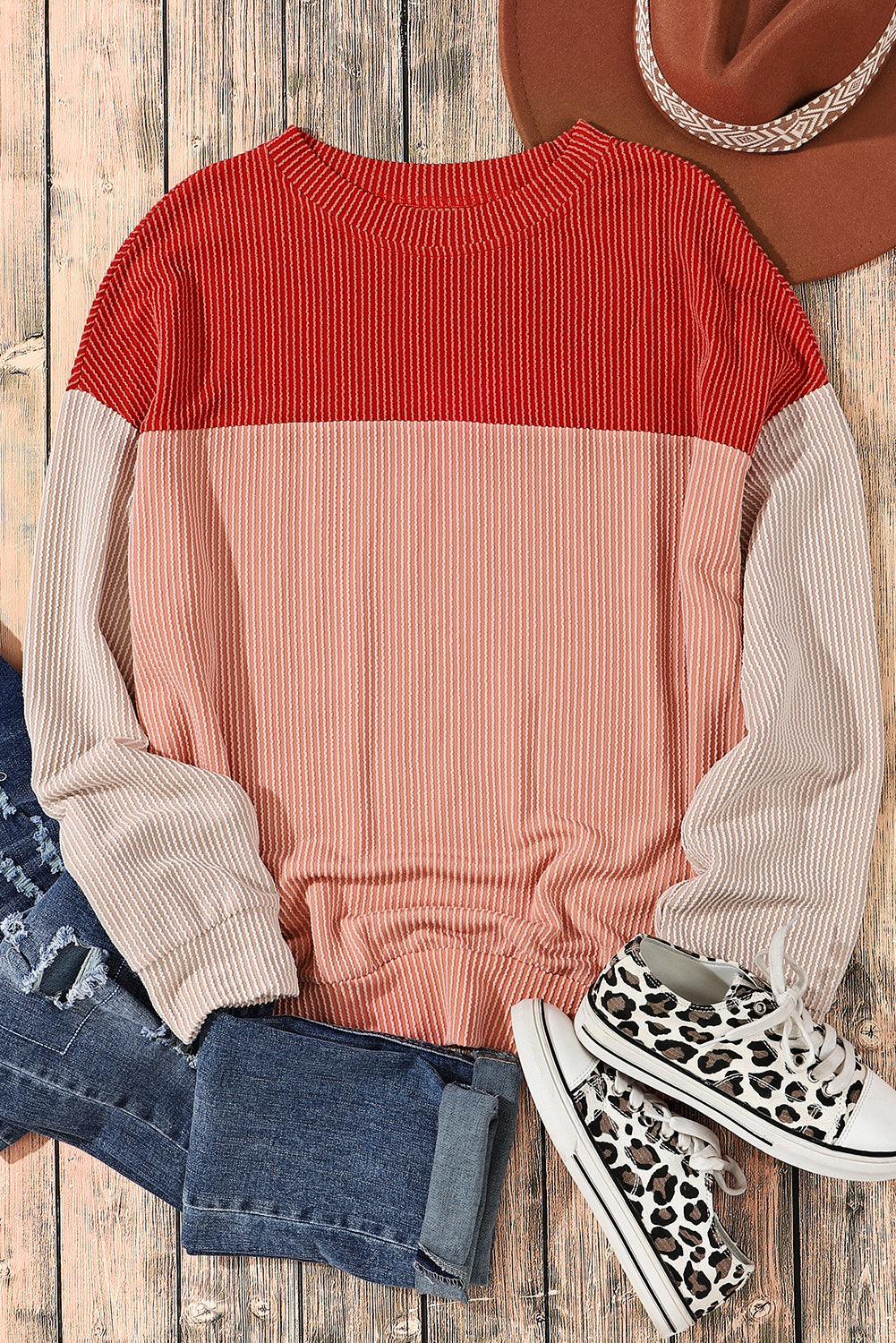 Fiery Red Color Block Long Sleeve Ribbed Loose Top