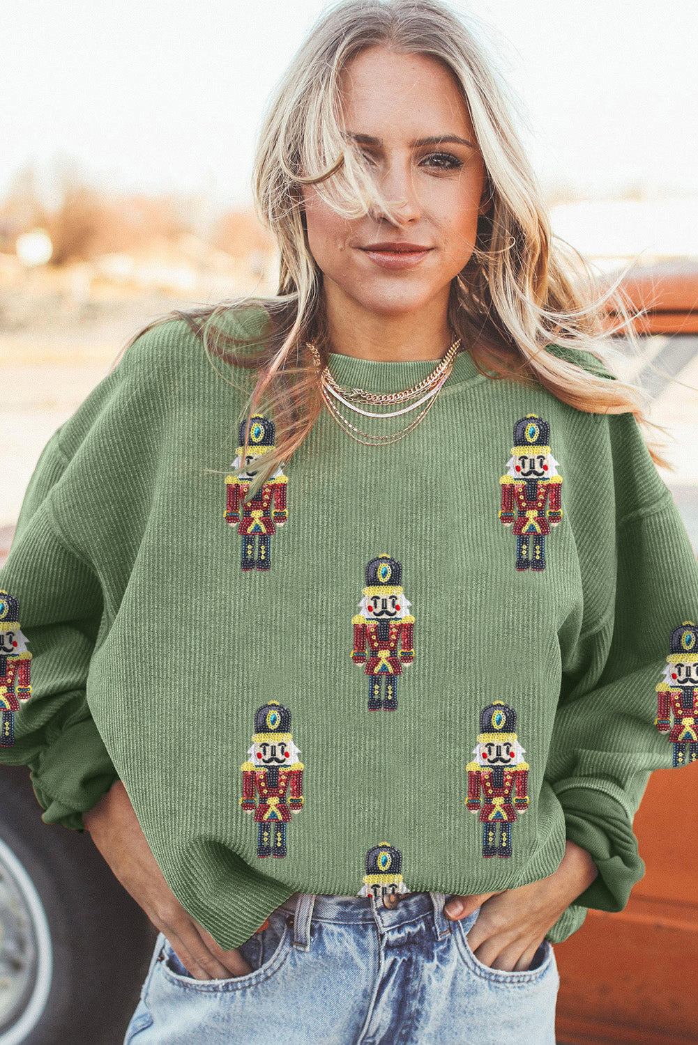 Grass Green Christmas Nutcracker Graphic Corded Pullover Sweatshirt