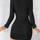 Polo V Neck Long Sleeve Fleece Lined Bodycon Dress Slit Button Decor Ribbed Mini Dress