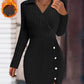 Polo V Neck Long Sleeve Fleece Lined Bodycon Dress Slit Button Decor Ribbed Mini Dress