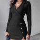 Polo V Neck Long Sleeve Fleece Lined Bodycon Dress Slit Button Decor Ribbed Mini Dress