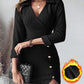 Polo V Neck Long Sleeve Fleece Lined Bodycon Dress Slit Button Decor Ribbed Mini Dress