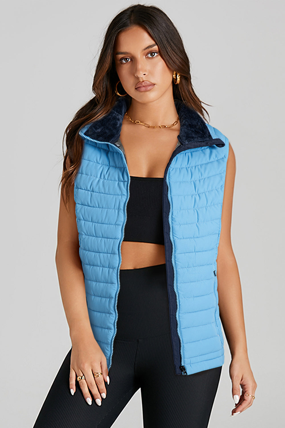 Sky Blue Plush Collared Quilted Zipped Puffer Vest