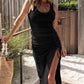 Side Slit Drawstring Ruched Bodycon Casual Sun Maxi Dresses Sleeveless Ribbed Tank Dress