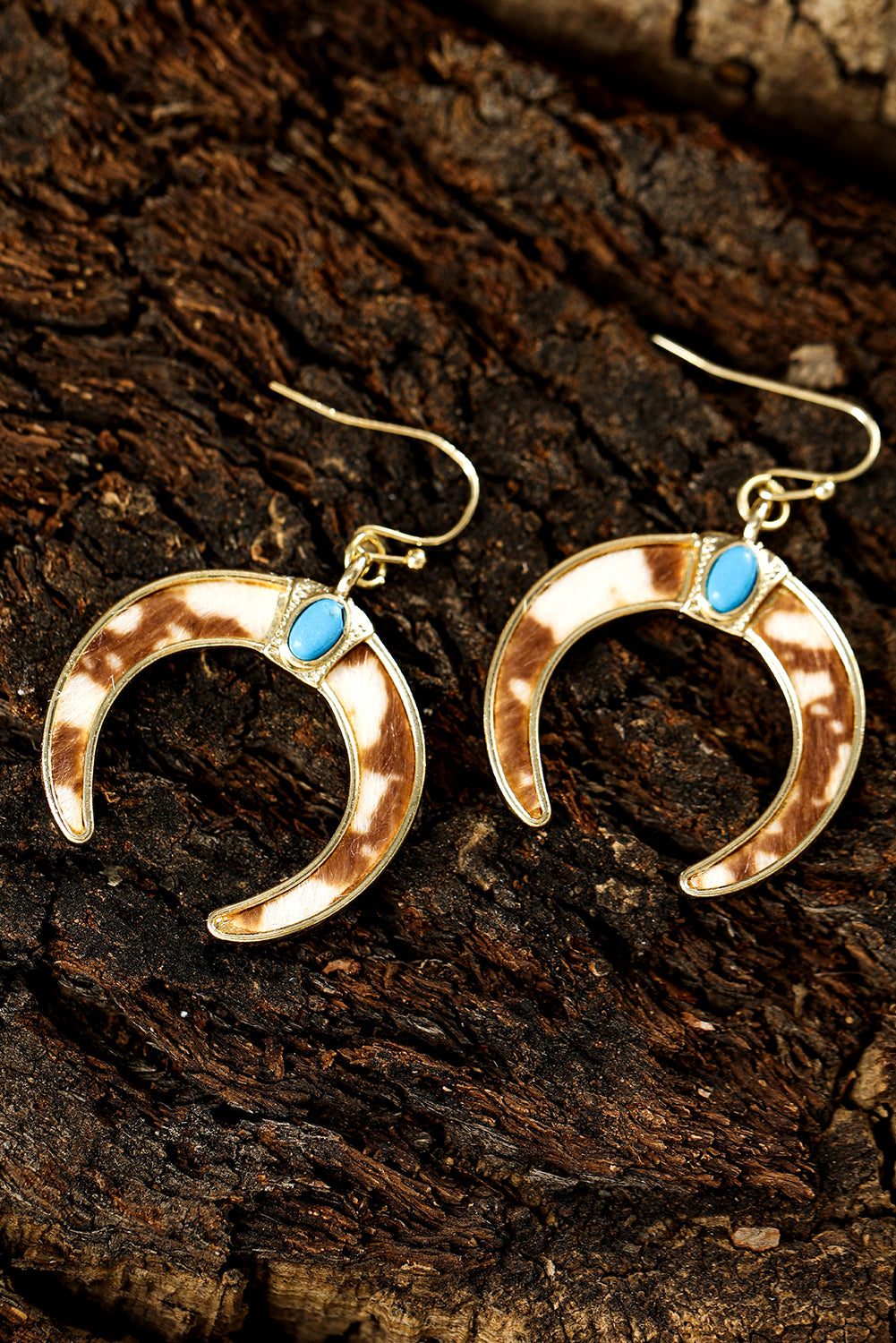 Chestnut Cow Print Turquoise Inlay Crescent Shaped Dangle Earrings