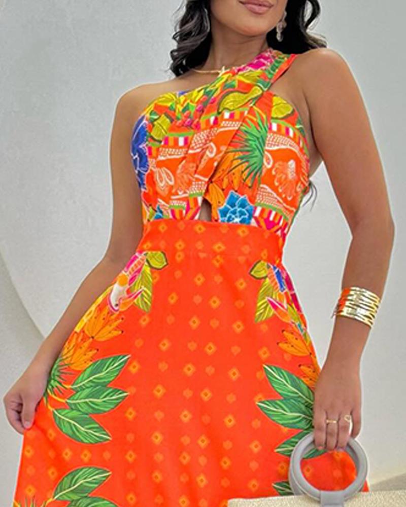 Tropical Fruit Print Asymmetrical One Shoulder Maxi Dress