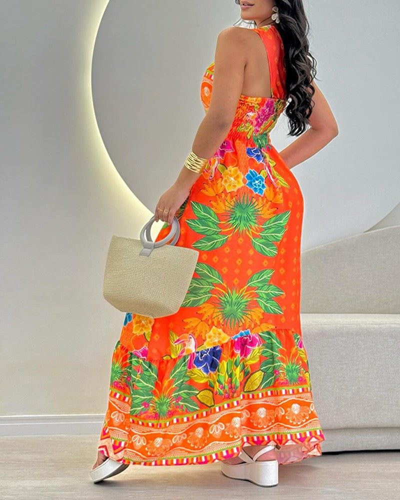 Tropical Fruit Print Asymmetrical One Shoulder Maxi Dress