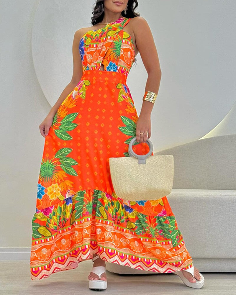 Tropical Fruit Print Asymmetrical One Shoulder Maxi Dress