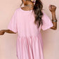 Light Pink Solid Color Pocketed Raw Edge Babydoll Dress