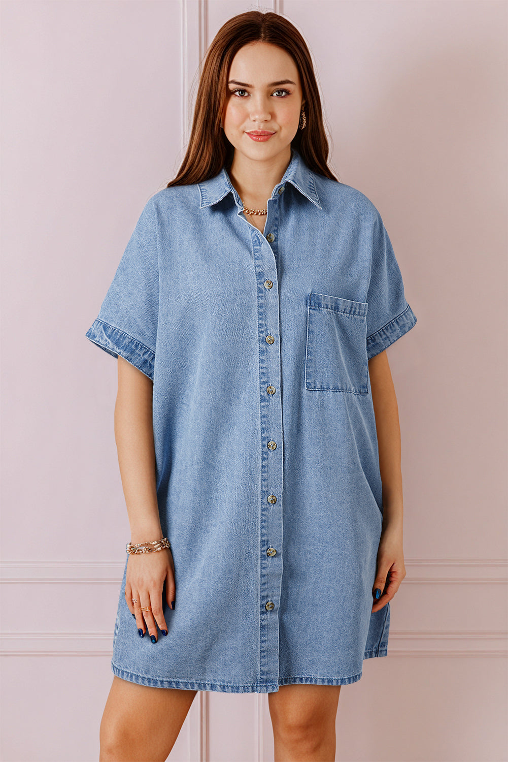 Dusk Blue Short Sleeve Pocketed Button up Denim Tunic Dress