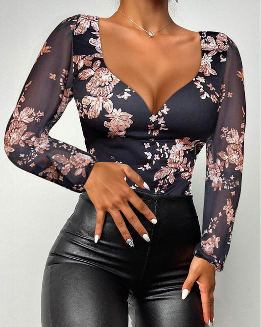 Floral Print V Neck Sheer Mesh Long Sleeve Shirt Casual Slim Fit Blouse Top