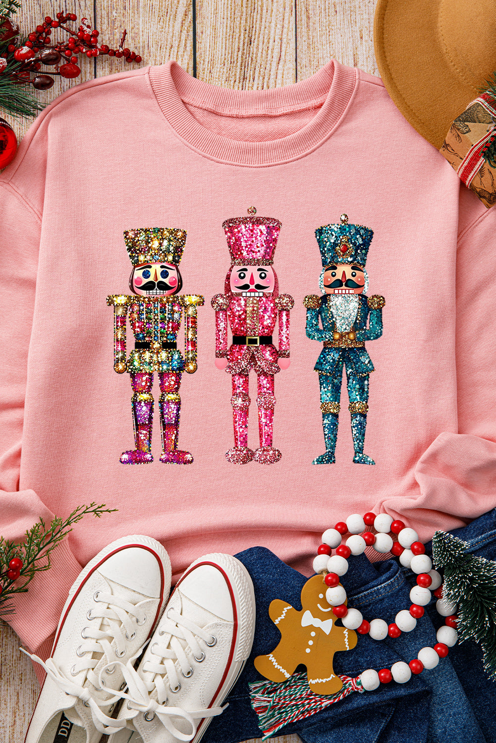 Pink Heat Transfer Printing Nutcracker Graphic Christmas Sweatshirt