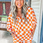 Orange Checkerboard Print V Neck Loose Tee and Shorts Lounge Set