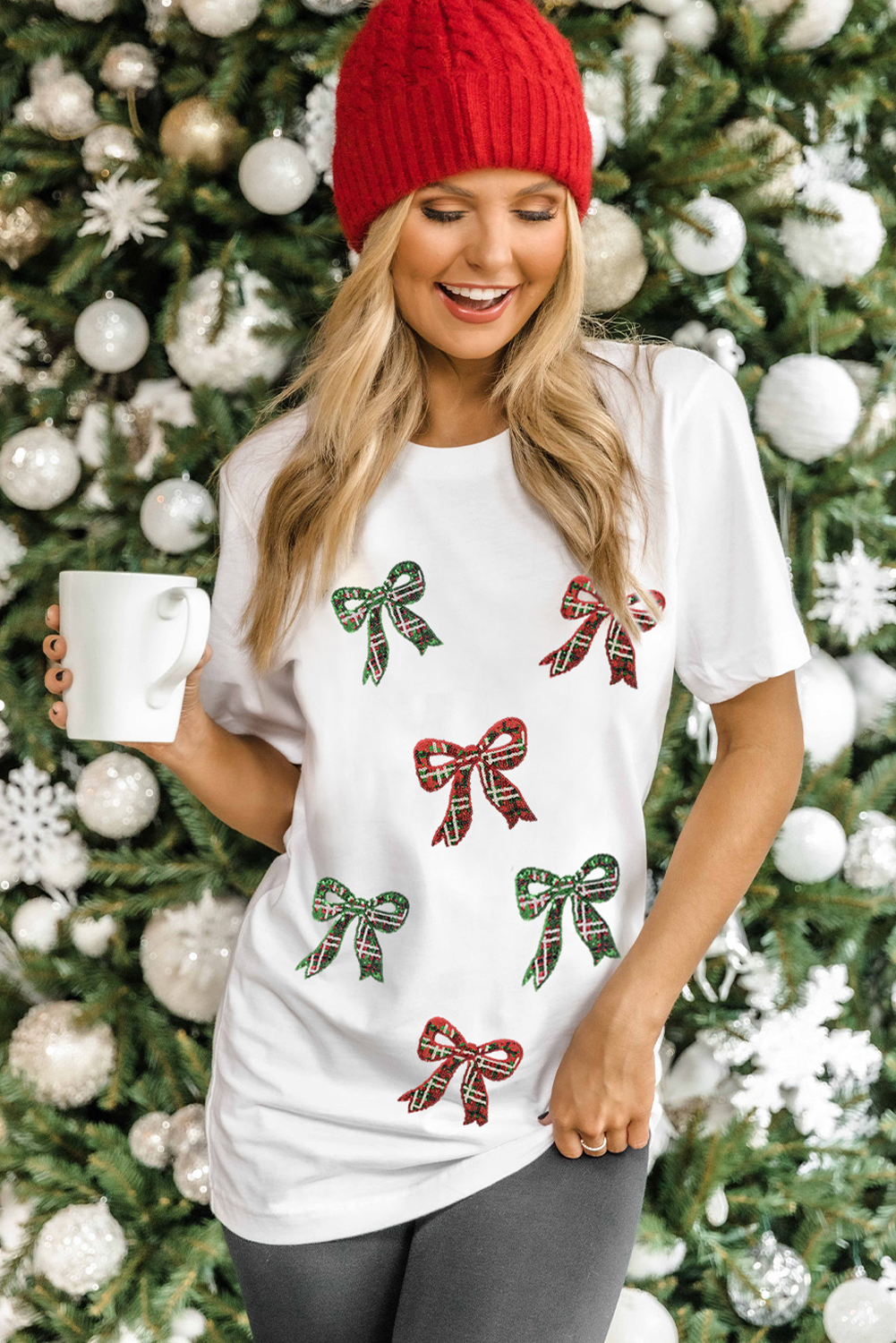 White Christmas Bowknot Graphic Cotton Blend T Shirt