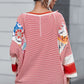 Fiery Red Pinstriped Color Block Patchwork Oversized Top