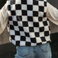 Black Checkered Sherpa Collared Jacket Vest