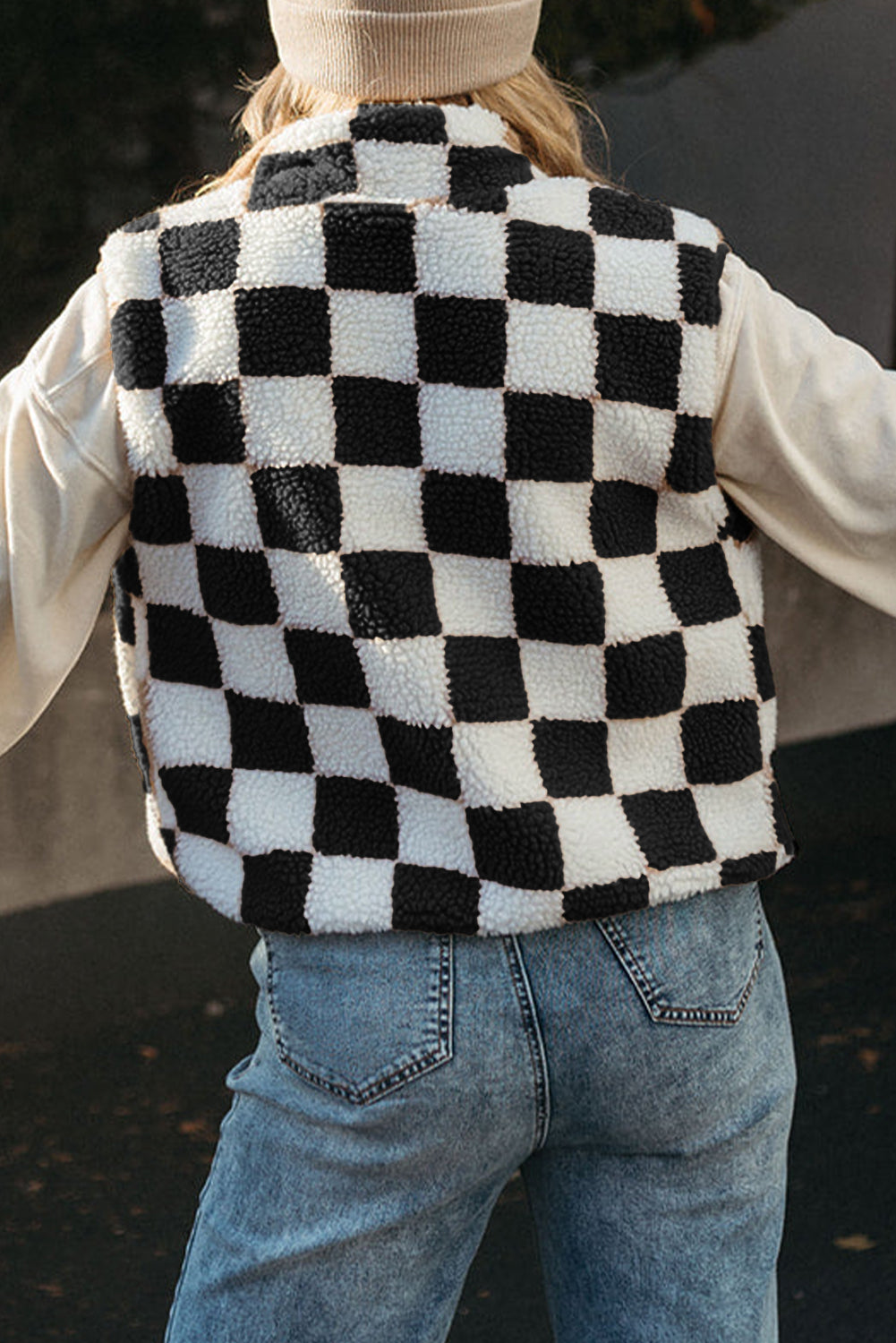 Black Checkered Sherpa Collared Jacket Vest