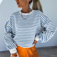 Blue Stripe Drop Shoulder Crew Neck Loose Sweatshirt