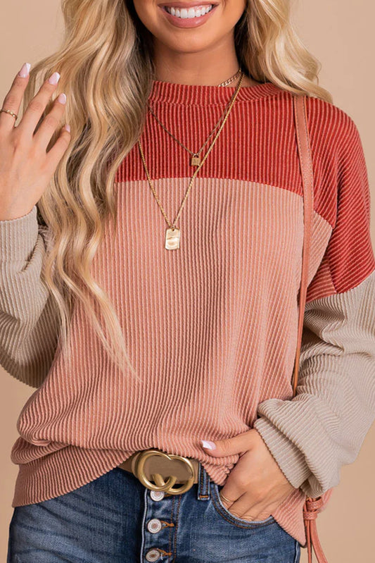 Fiery Red Color Block Long Sleeve Ribbed Loose Top