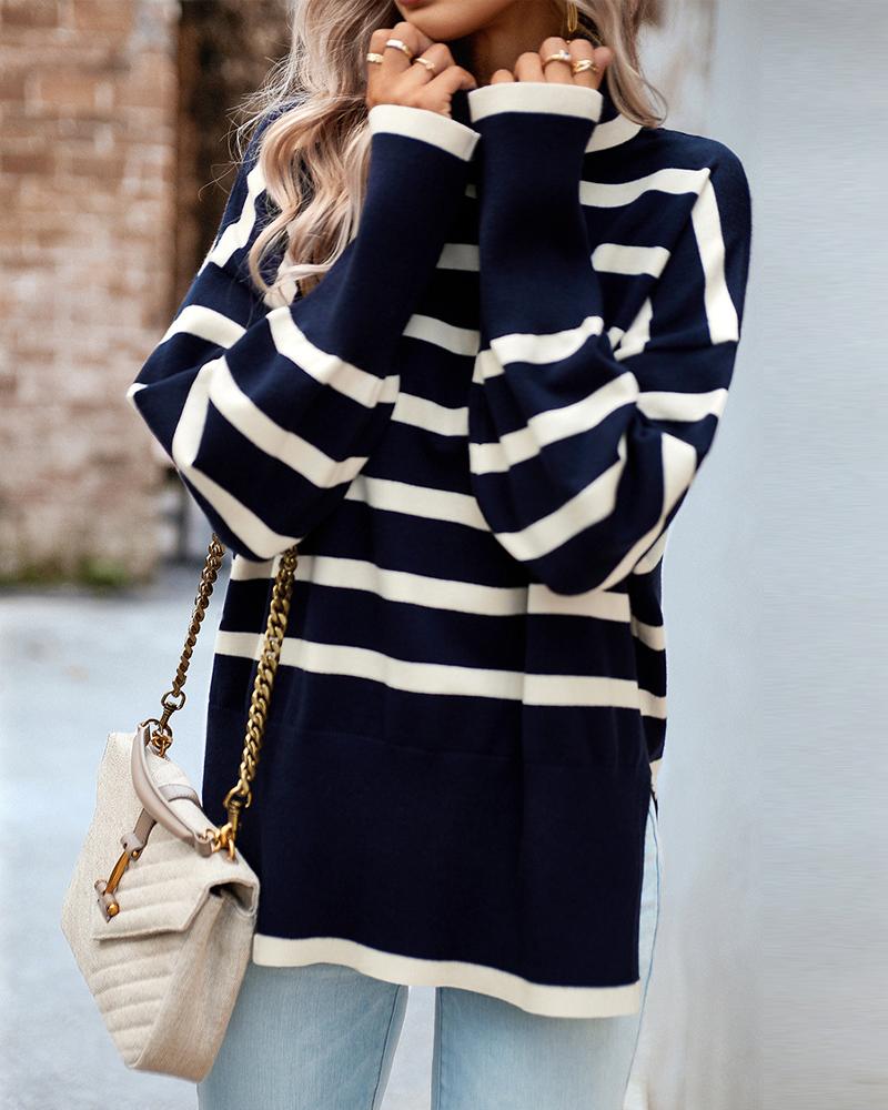 Striped High Neck Side Slit Knit Sweater