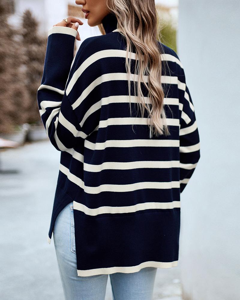 Striped High Neck Side Slit Knit Sweater