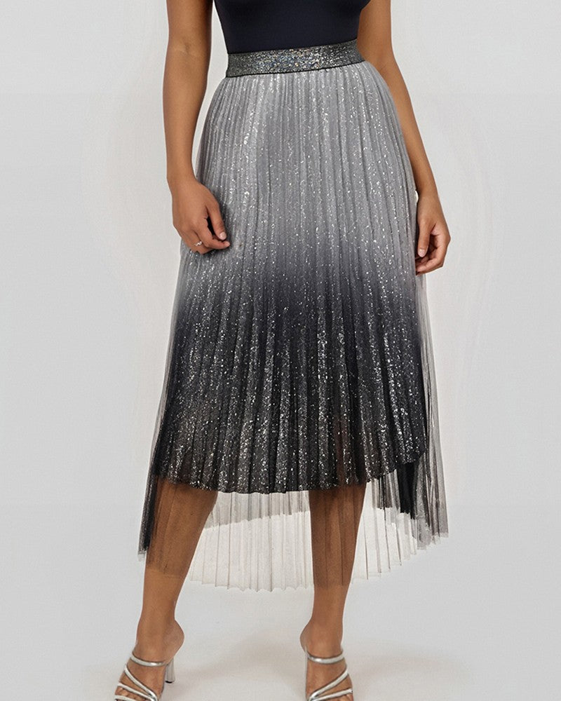 Ombre Sheer Mesh Patch A Line Pleated Glitter Skirt