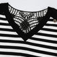 Black Stripe Crochet Hollow-out Back Buttoned Shoulder V Neck Top