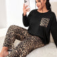 Black Leopard Patched Pocket Long Sleeve Top Plus Size Pants Set