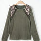 Moss Green Leopard Print Crochet Patchwork Rib Textured Knit Top