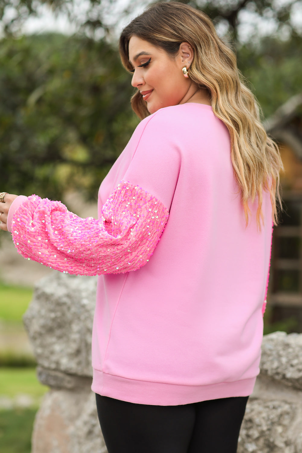 Pink Plus Size Sequin Sleeve Drop Shoulder Sweatshirt