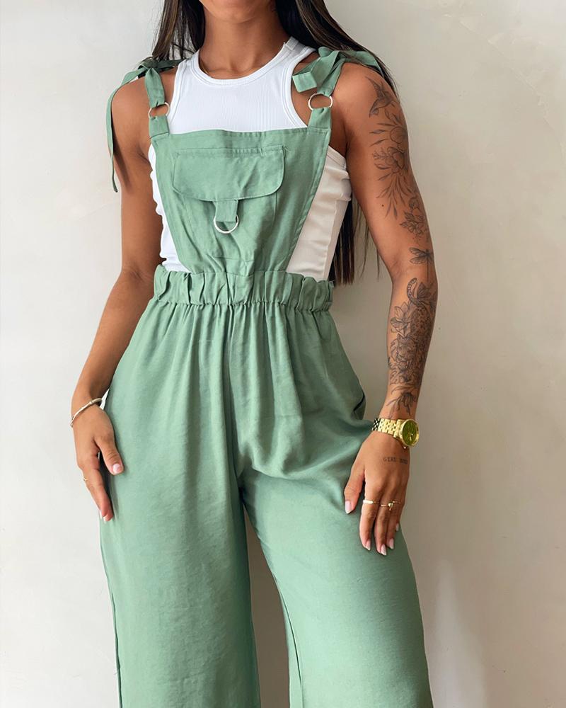 Pocket Design Sleeveless Jumpsuit Casual Strechy Waist Wide Leg Overall