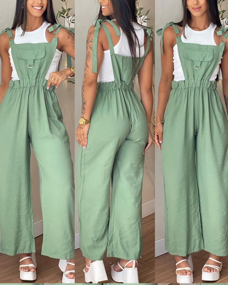 Pocket Design Sleeveless Jumpsuit Casual Strechy Waist Wide Leg Overall