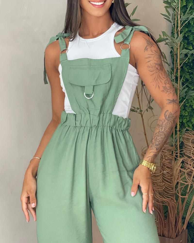 Pocket Design Sleeveless Jumpsuit Casual Strechy Waist Wide Leg Overall