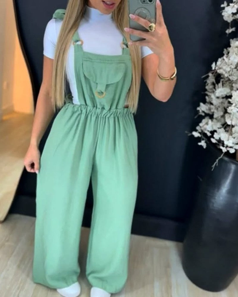 Pocket Design Sleeveless Jumpsuit Casual Strechy Waist Wide Leg Overall